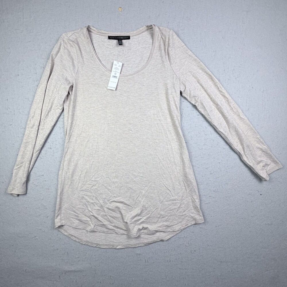 White House Black Scoop Neck Heather Beige Gold Foil Stretch XS Long Sleeve Top